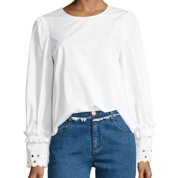 See by Chloe Crewneck Long-Sleeve Poplin Top White 42 US Medium 8 Lace Cuffs - Picture 1 of 9